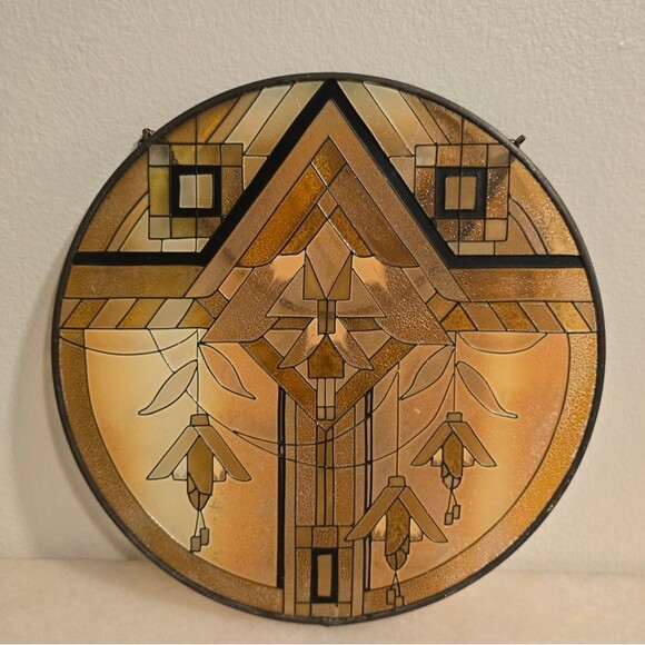 Vintages MCM Stained Glass Style Hand painted Aztec Sun Catcher - Picture 1 of 10
